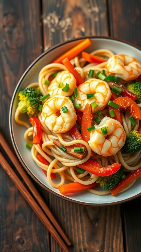 A delicious plate of shrimp yaki udon with vegetables and sesame seeds on a rustic table.